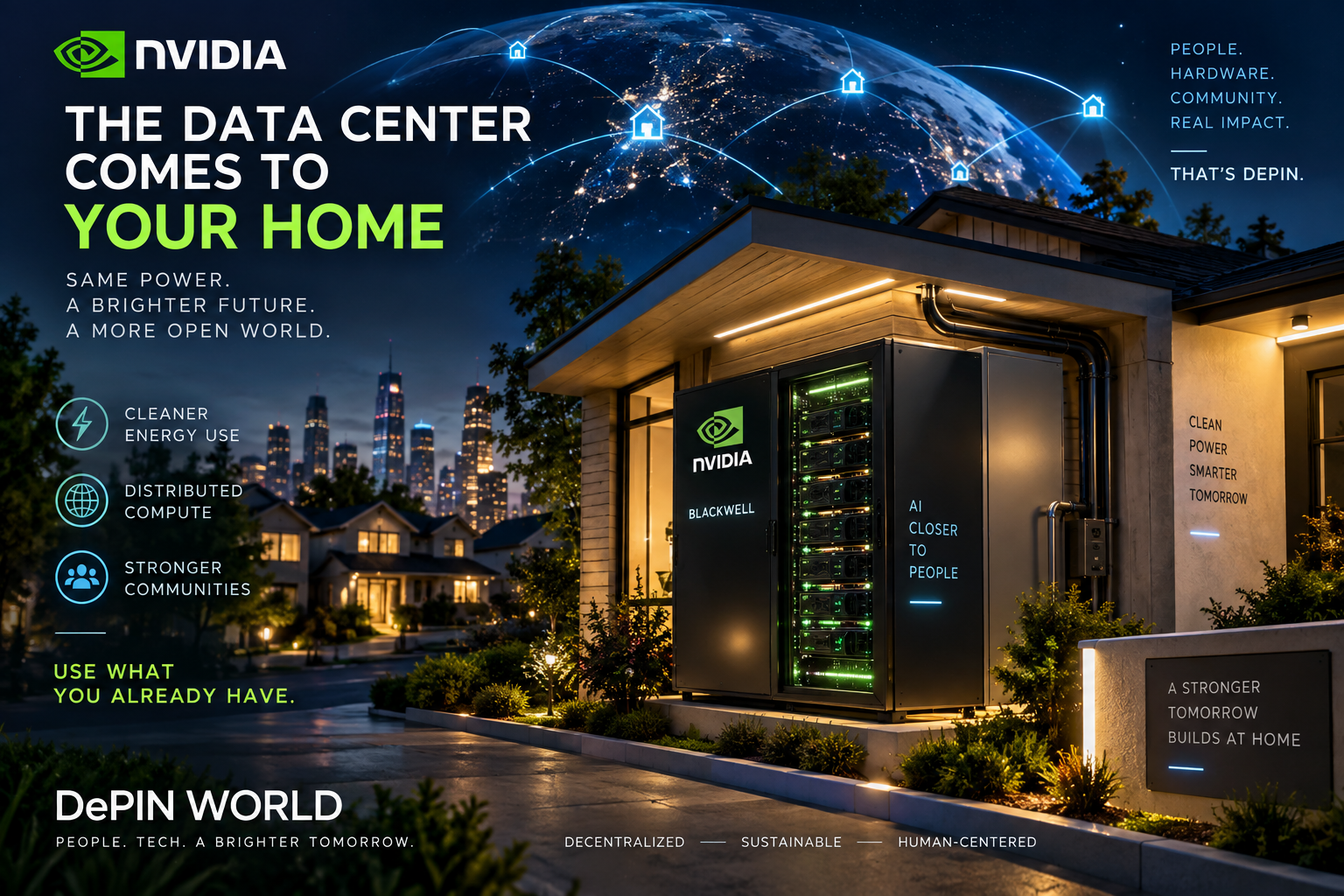 Distributed AI infrastructure with NVIDIA Blackwell server near a home, illustrating decentralized computing and DePIN